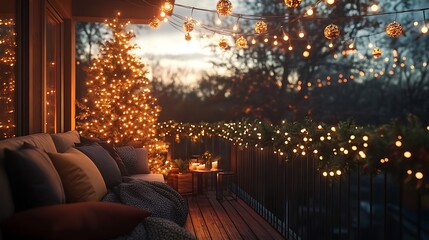Charming outdoor patio decorated for Christmas, string lights above creating a magical glow, a small Christmas tree with sparkling ornaments, festive garland wrapped around the railing,