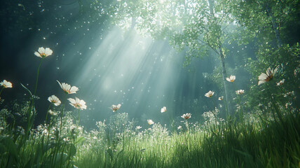Obraz premium serene meadow filled with blooming flowers, illuminated by soft sunlight filtering through trees, creating tranquil and peaceful atmosphere