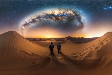 Fototapeta premium Starry night sky over desert landscape with silhouetted figures