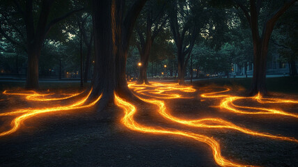 mystical urban park scene featuring glowing orange trails winding through trees at dusk, creating enchanting atmosphere