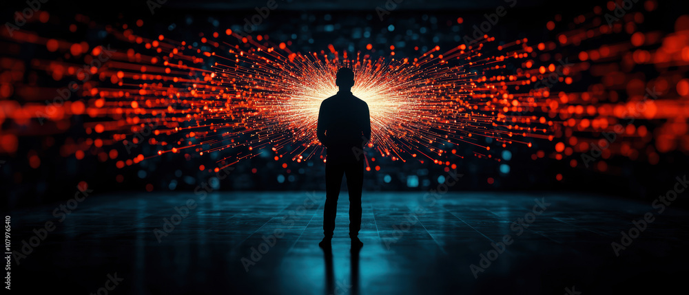 Poster quantum computing data analytics concept. a silhouette of a person stands against a vibrant backgrou