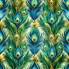 Lavish Art Nouveau Seamless Peacock Feather Pattern in Green, Blue, and Gold. Perfect for: Art Nouveau exhibits, vintage weddings, luxurious décor