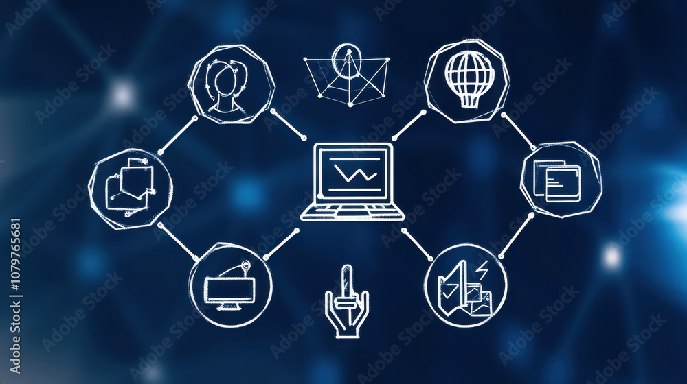 Poster digital icons representing interconnected people, technology, and data analysis create modern networ