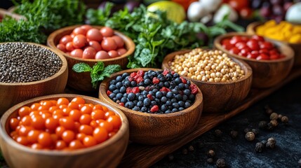 A vibrant assortment of colorful ingredients in wooden bowls.