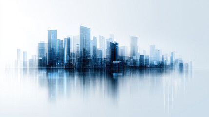 Obraz premium Futuristic city skyline with reflective surfaces and blue tones, showcasing modern architecture and serene atmosphere