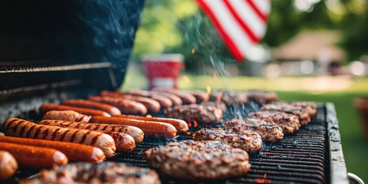 A close-up of a grill full of burgers and hot dogs, with an American flag flying in the background during a Memorial Day cookout.