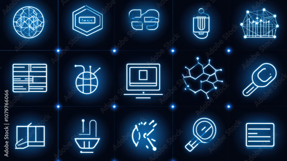 Poster neon icons representing technology, data analysis, and science in grid layout. glowing blue lines cr