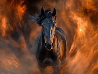Powerful black horse in fiery sunset