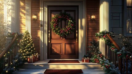 Christmas entryway, front door adorned with a wreath of pine branches and red berries, garland with twinkling lights draped along the staircase, festive doormat, warm sunlight streaming in,