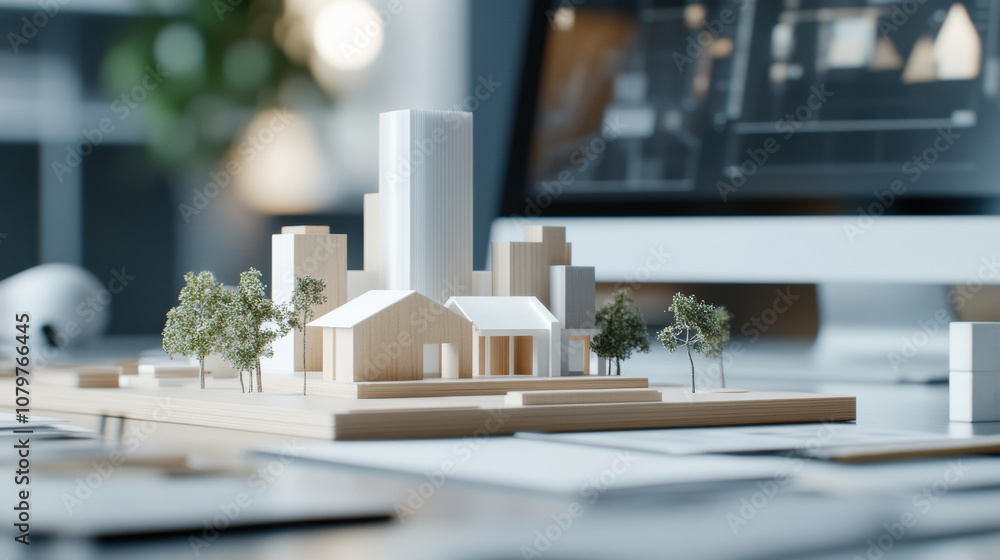 Poster modern architectural model on desk with trees and buildings, showcasing design concepts and creativi