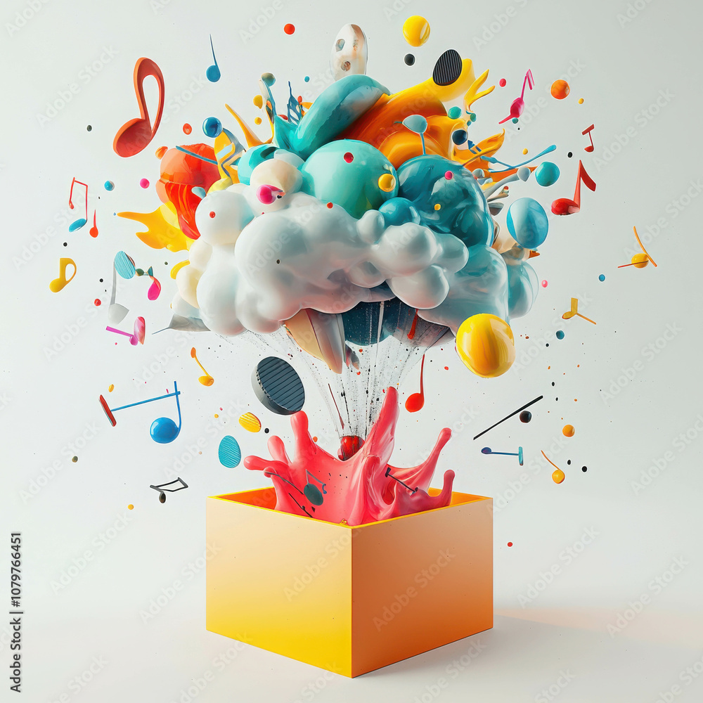 Poster vibrant 3d illustration of a bursting thought bubble overflowing with colorful elements and shapes e