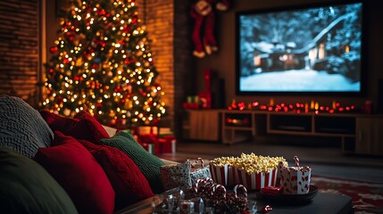 Christmas movie night in a warm living room, comfy sofa with red and green pillows, decorated Christmas tree casting a soft glow, big screen showing a classic family holiday film,