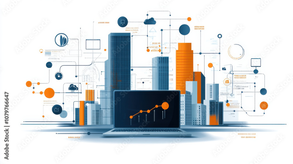 Poster digital cityscape with laptop displaying data analytics and graphs, showcasing modern technology and