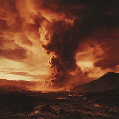 Fototapeta premium Dramatic volcanic eruption with fiery clouds and lava flows