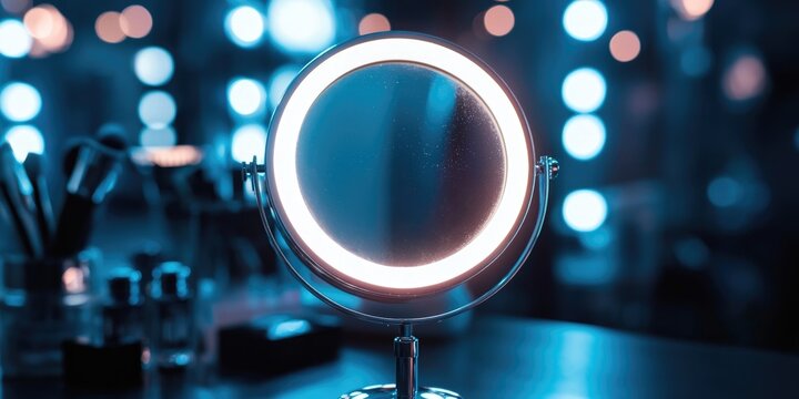 A close-up of a makeup mirror with built-in magnification and light features.