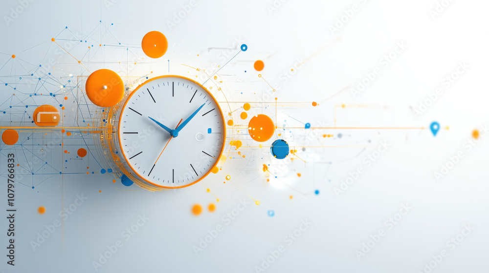 Poster minimalistic clock design with vibrant orange and blue elements, symbolizing time and connectivity. 