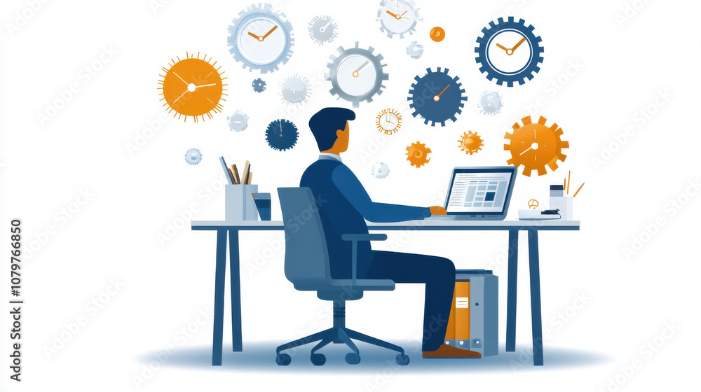 Poster office scene with man working on laptop surrounded by gears and clocks, symbolizing productivity and