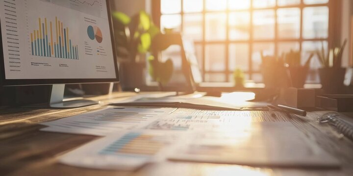 A close-up of a marketing managerâ€™s desk with marketing materials, data analytics, and campaign strategies.