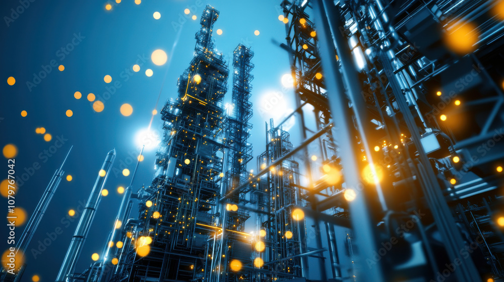 Poster industrial area with towering structures, illuminated by glowing lights, creating futuristic atmosph