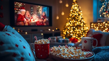 Christmas movie night setup, comfortable couch with holiday-themed pillows, big screen showing a family holiday movie, decorated Christmas tree illuminating the room, table with popcorn, candy canes,