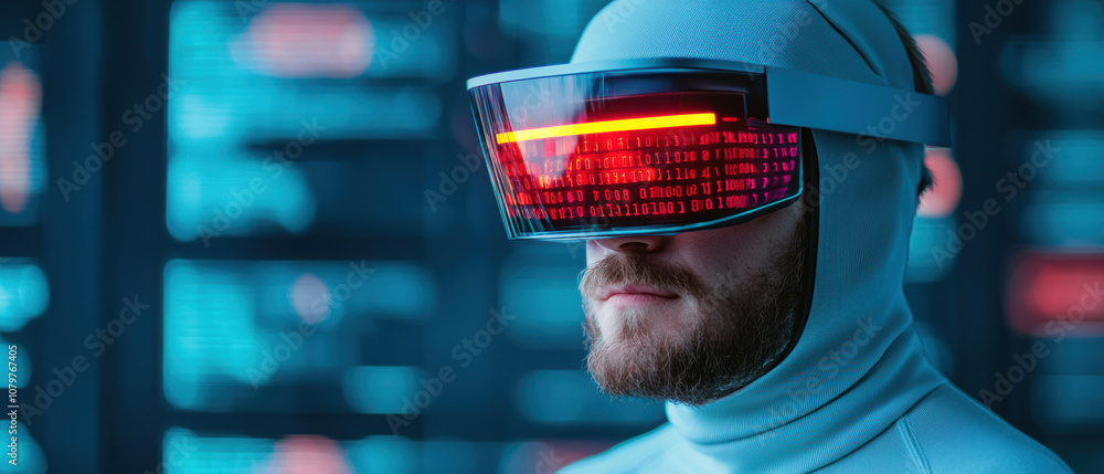 Poster quantum computing data analytics concept. a futuristic individual wearing a high-tech visor, featuri