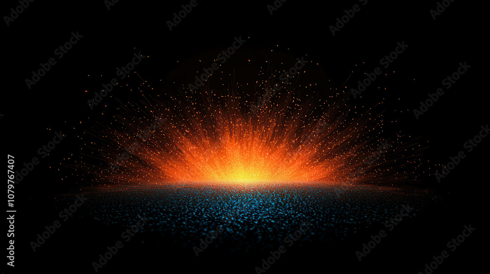 Poster vibrant multicolored light particles exploding outward from a central point, creating a dynamic burs