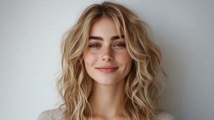 A beautiful young woman with blonde wavy hair smiles into the camera.