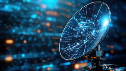High tech satellite dish with digital data visualization in futuristic setting. vibrant blue tones and intricate patterns create sense of advanced technology and connectivity