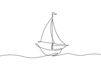 Sailboat Continuous One Line Drawing. Ship Line Art Sketch Black Drawing Isolated on White Background. Boat One Line Monochrome Vector Illustration