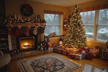 Fototapeta premium A beautifully decorated Christmas tree with lights, ornaments, and presents next to a cozy fireplace with stockings, creating a warm and festive holiday atmosphere.