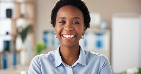Happy, black woman and portrait in office with confidence, about us and news agency. Journalist,...