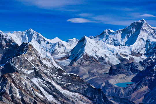 Makalu himalayas wide angle view with Baruntse,7152 m on left, and Makalu,8485 m south west face,summit and west pillar on right from the summit of Mera Peak central,6461 m,Mera Peak Expedition,Nepal 