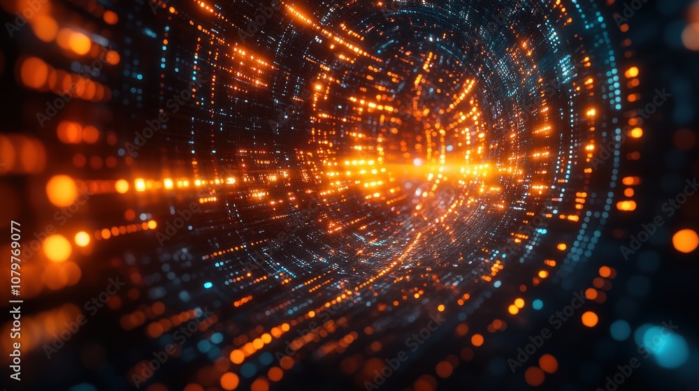 Poster abstract digital tunnel with glowing particles in motion.