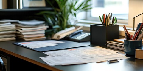 A close-up of an HR managerâ€™s desk with employee records, HR software, and policy documents.