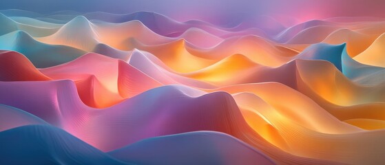 Fototapeta premium Vibrant and abstract landscape with undulating mountains and valleys in warm hues of orange, pink, and purple
