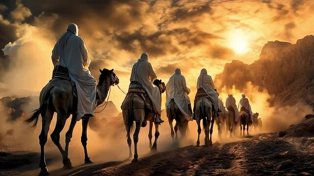 desert scene at sunset. Many muslim on camels are walking away. 