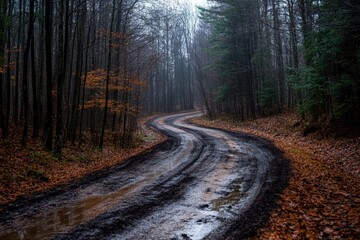 Fototapeta premium Winding dirt road through a misty forest. (1)