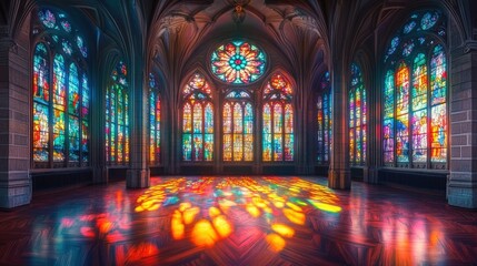 Obraz premium Vibrant stained glass cathedral interior with colorful light reflections
