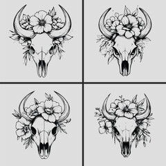 Fototapeta premium Floral Bull Skull Western Cow Skull Svg, Bull Skull Silhouette Vector Svg, Bull Skull Svg, Flower Svg, Bull Skull Head Svg, Western Cow Skull Svg