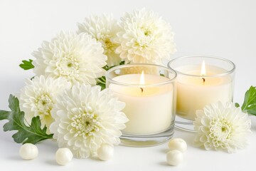 White Flowers and Burning Candles Still Life