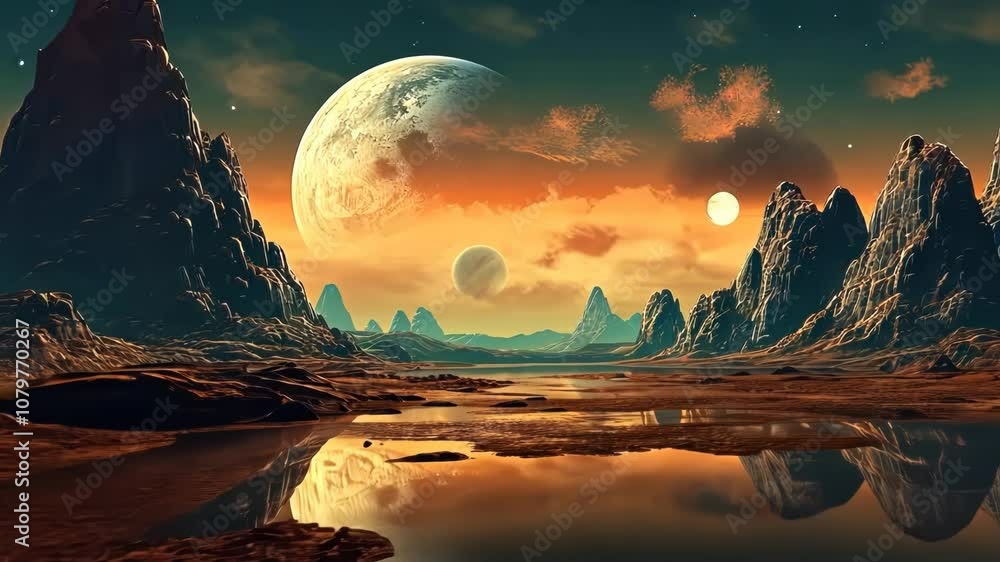 Poster alien planet landscape with mountains and moon over horizon in retro style