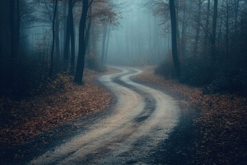 Naklejka premium Winding dirt road through a misty forest.