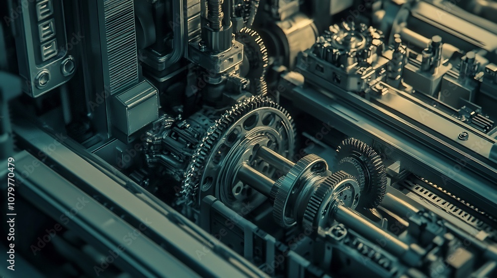 Poster intricate mechanical apparatus of industrial automation in futuristic factory setting