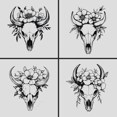 Fototapeta premium Floral Bull Skull Western Cow Skull Svg, Bull Skull Silhouette Vector Svg, Bull Skull Svg, Flower Svg, Bull Skull Head Svg, Western Cow Skull Svg