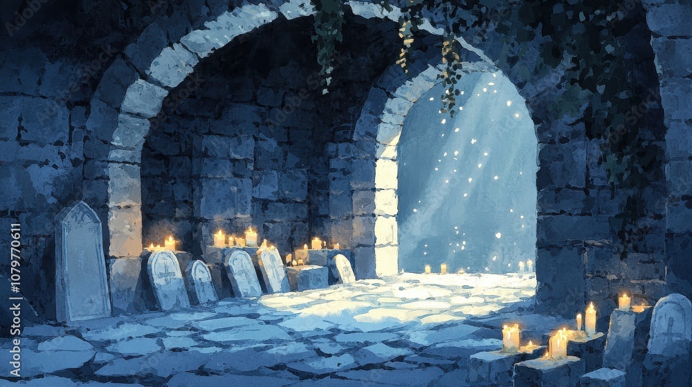 Poster ethereal light in an ancient stone crypt surrounded by candlelit graves and enchanted atmosphere in 