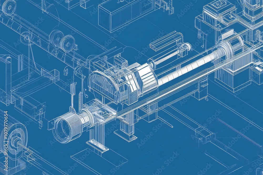 Poster minimalist blueprint design with precise technical drawings and isometric projections of industrial