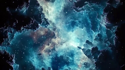 Abstract cosmic nebula with swirling clouds of gas and dust in shades of blue, white, and brown, scattered with tiny stars against a black background.