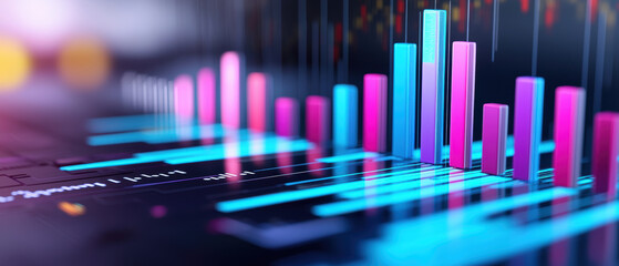 Quantum Computing Data Analytics Concept. A vibrant, abstract representation of data visualization, featuring colorful bar graphs against a dark background, showcasing trends and statistics.