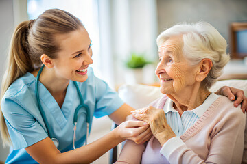 Fototapeta premium Close up - Young caregiver assists Nurse holding hands of elderly woman patient