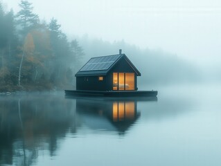Fototapeta premium Cozy floating cabin on a serene lake surrounded by misty forest